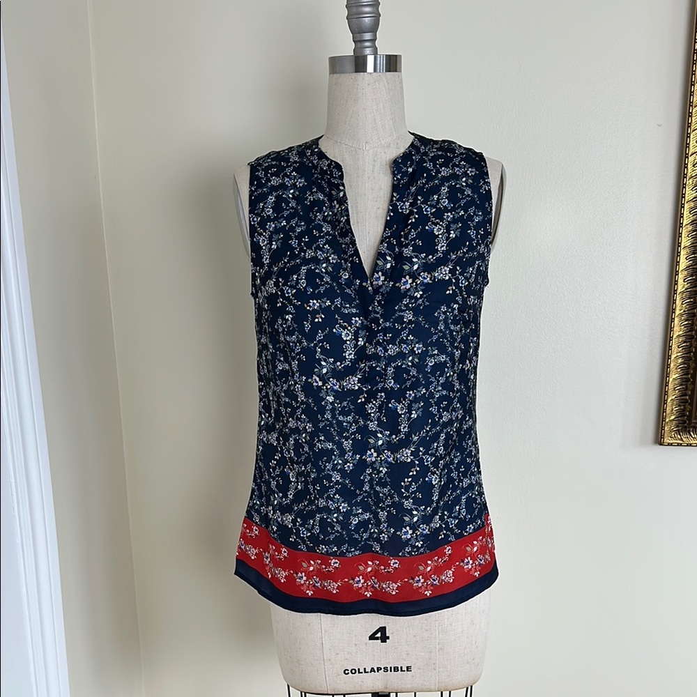 Blue and Red Mandarin Collar Blouse with Sleeves